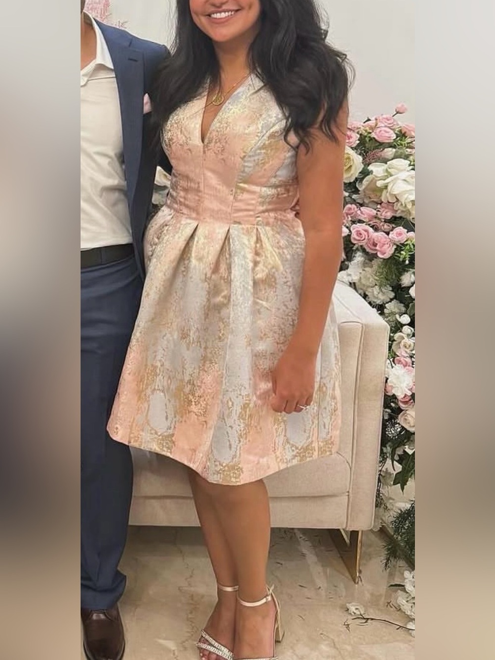 Vince Camuto Pink and Gold Brocade Party Dress